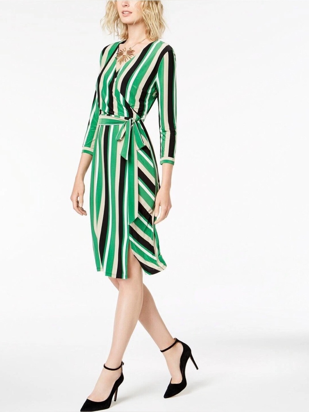INC International Concepts petite S Green Beige and White Striped Wrap Midi Dre